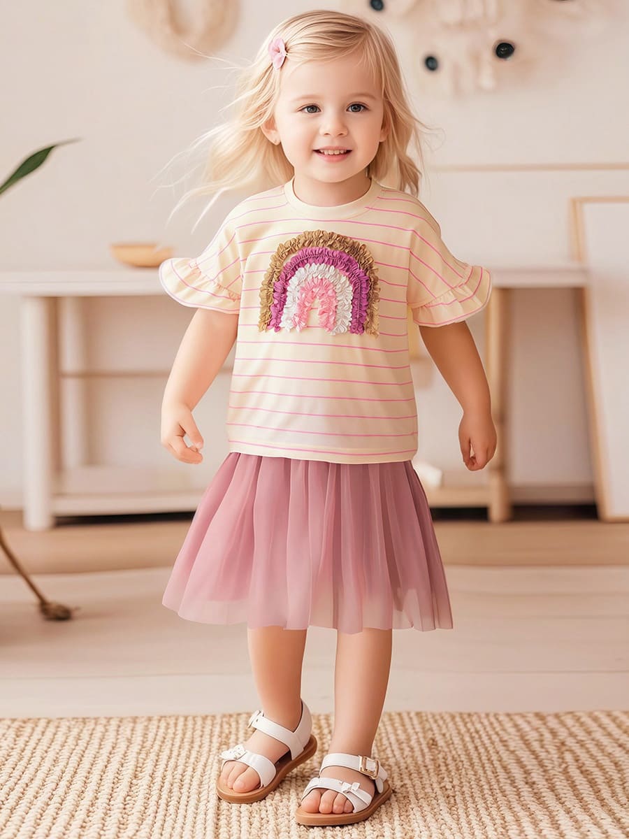 Little Maven 2-Piece Girls Embroidered Striped Short-Sleeve Tee and Skirt Set 