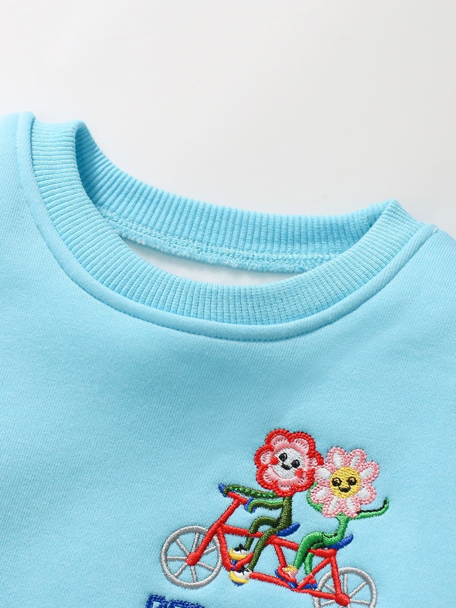 2-piece Girls Cartoon Embroidery Cotton Plush Sweatshirt and Pants Set