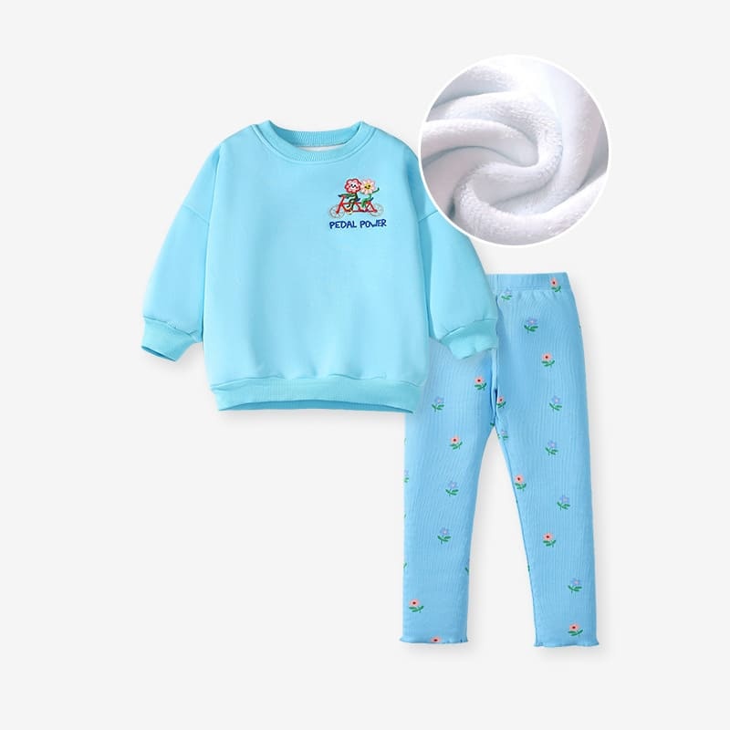 2-piece Girls Cartoon Embroidery Cotton Plush Sweatshirt and Pants Set
