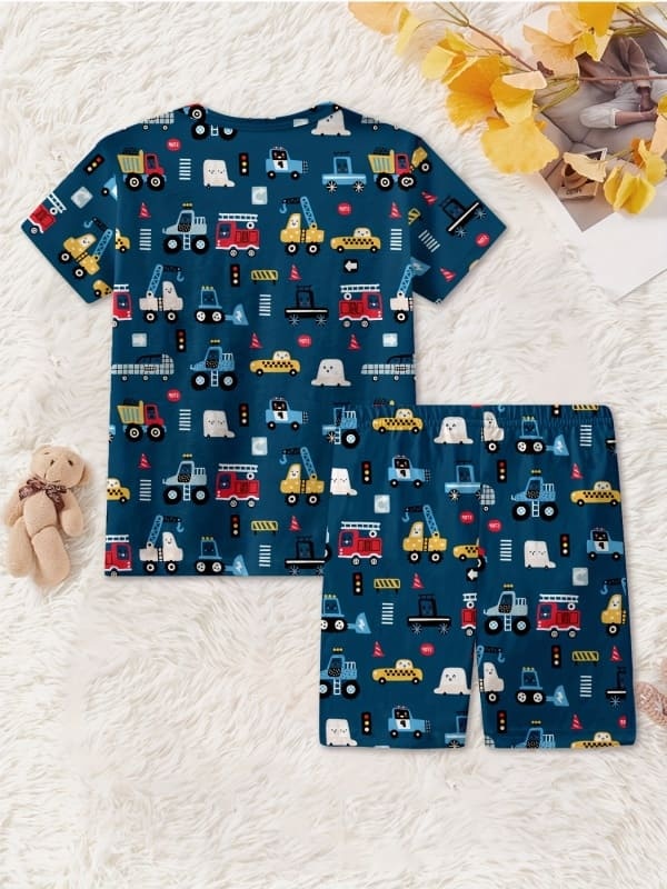 2-piece Boys Cartoon Car Printed Cotton Short Sleeve Home Pajama Set