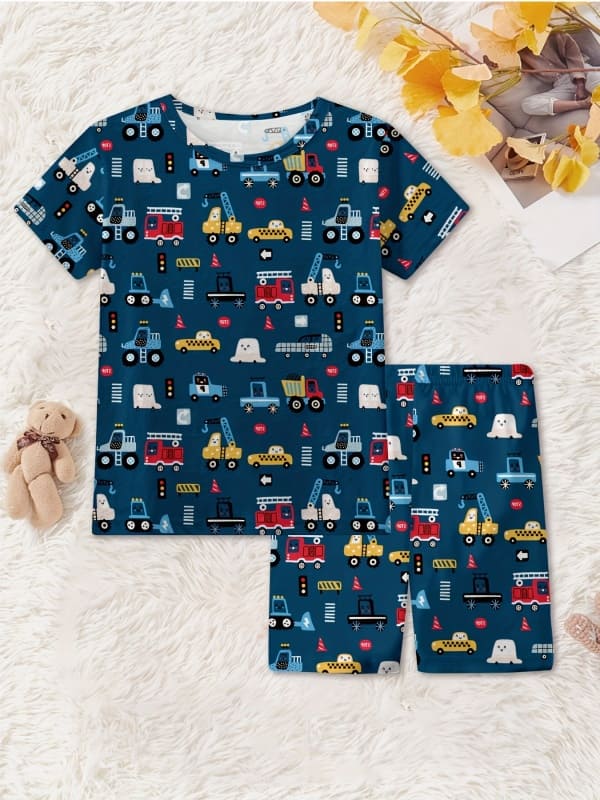 2-piece Boys Cartoon Car Printed Cotton Short Sleeve Home Pajama Set