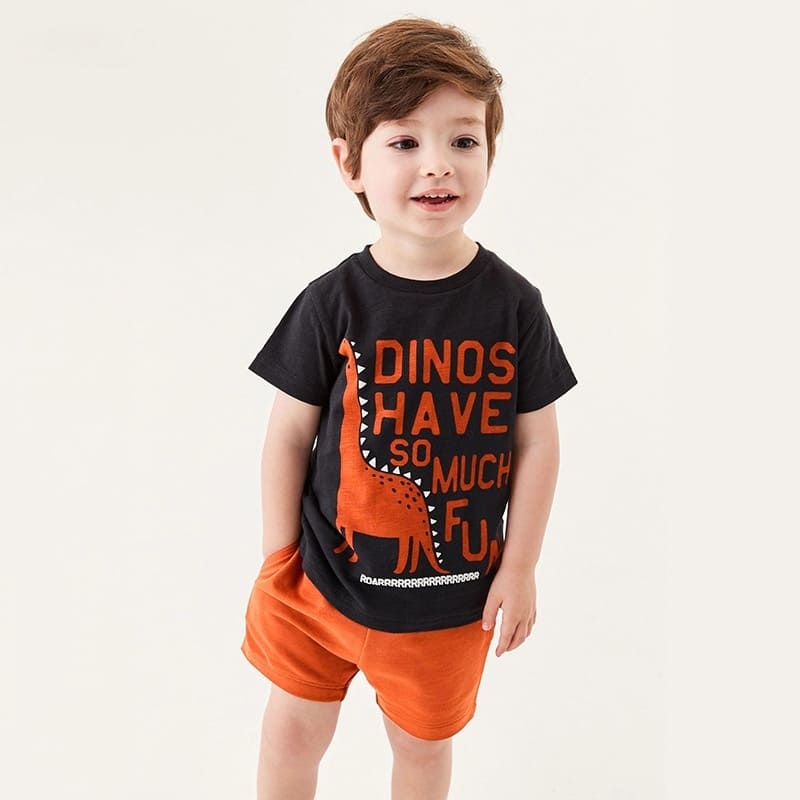 2-piece Boys Dinosaur Lettering Cotton Short-Sleeved Tee & Shorts Set