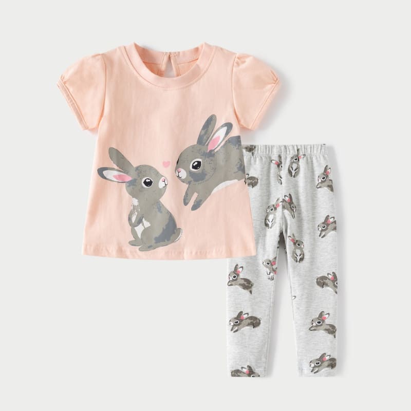 Girls 2-Piece Cute Rabbit Print Cotton Short Sleeve Tee & Pants Set