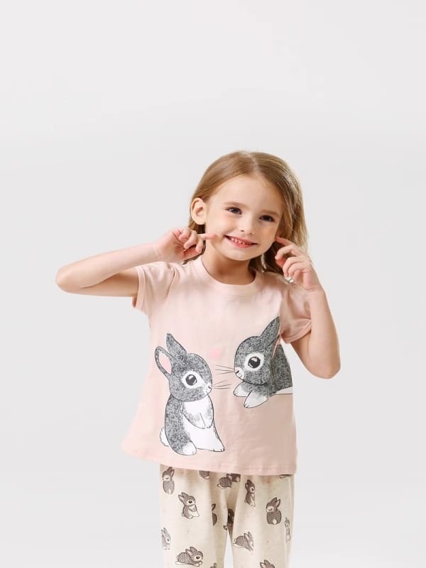 Girls 2-Piece Cute Rabbit Print Cotton Short Sleeve Tee & Pants Set