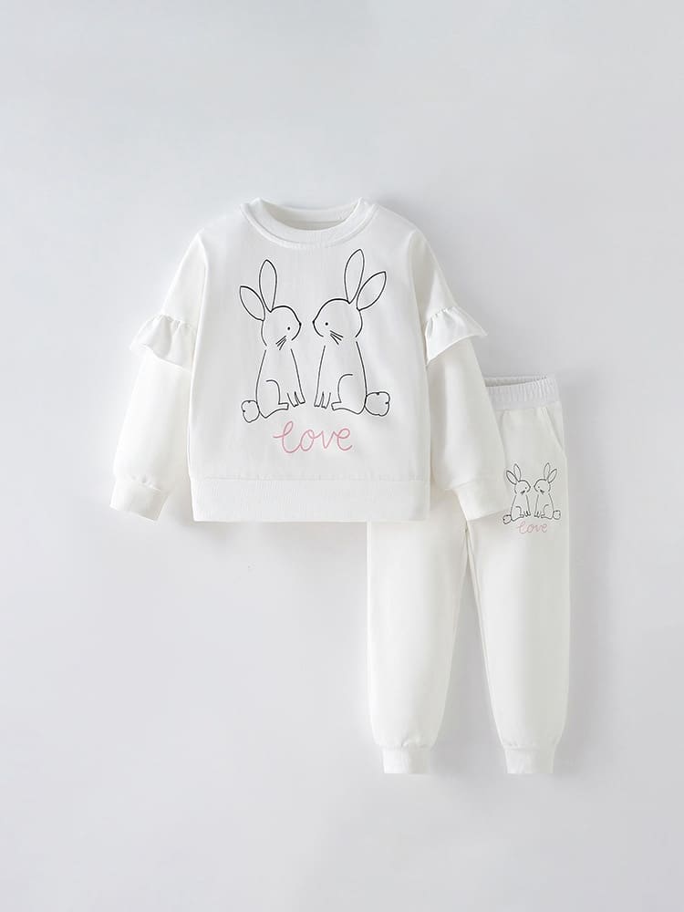 2-piece Girls Rabbit Print Long Sleeve Tee and Elastic Waist Pants Set