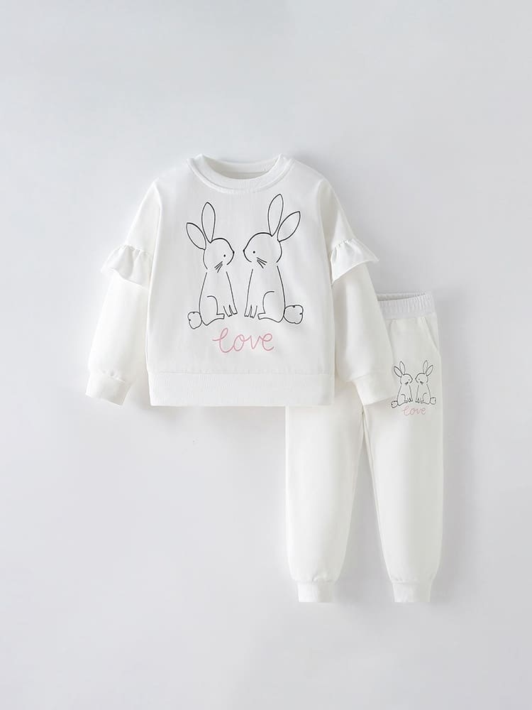 2-piece Girls Rabbit Print Long Sleeve Tee and Elastic Waist Pants Set