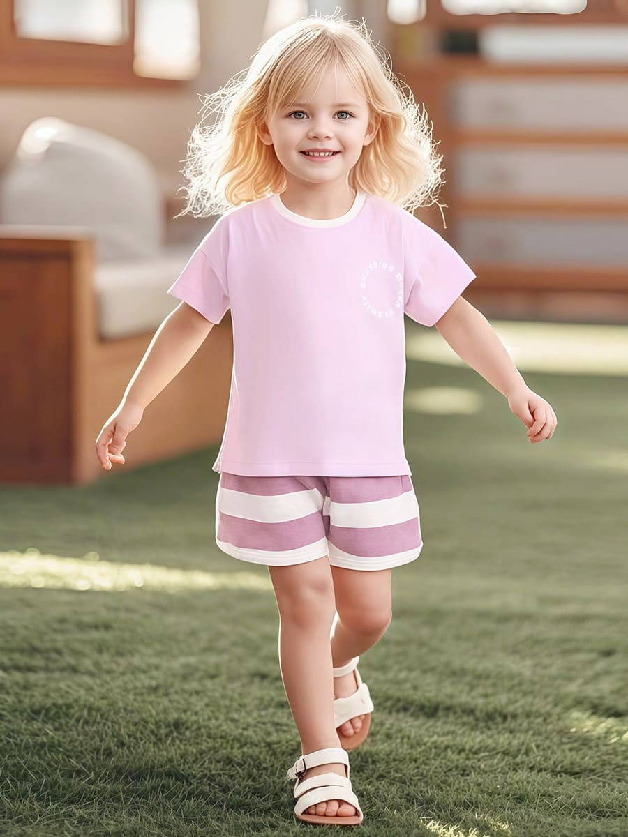 Girls 2pcs Summer Outfit: Graphic Sun Print Tee & Striped Shorts Set