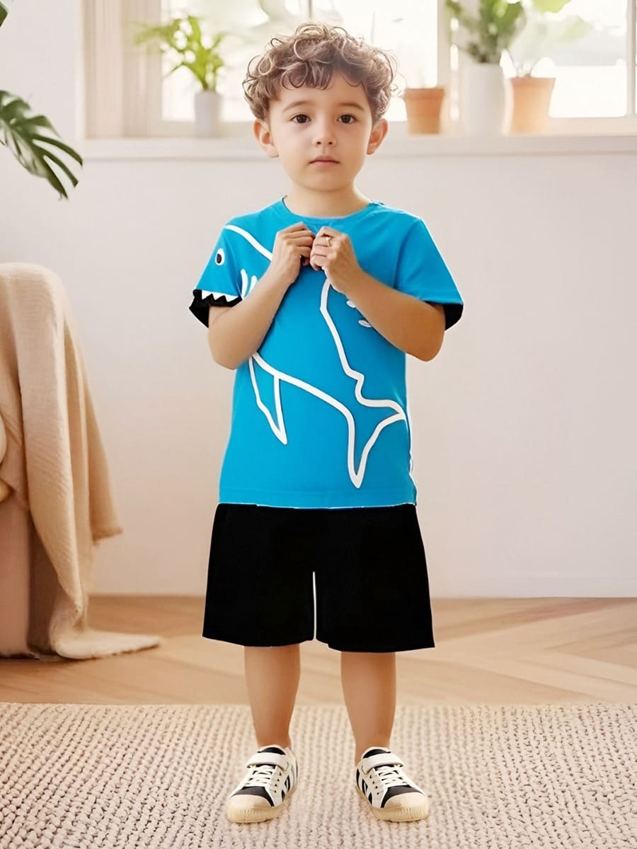 Adorable 2-Piece Boys' Shark Print Cotton Tee & Shorts Set