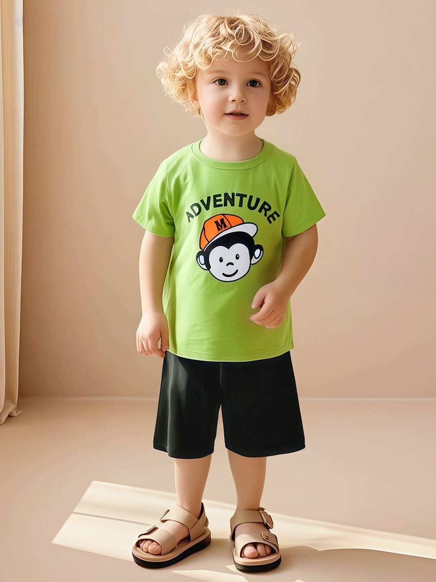 Playful Monkey Print 2-Piece Cotton Boys T-Shirt & Shorts Set