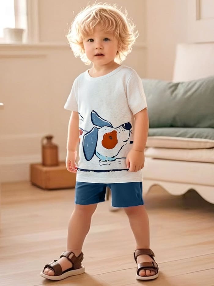 2-piece Kid Boys Cotton Tee and Shorts Set with Playful Dog