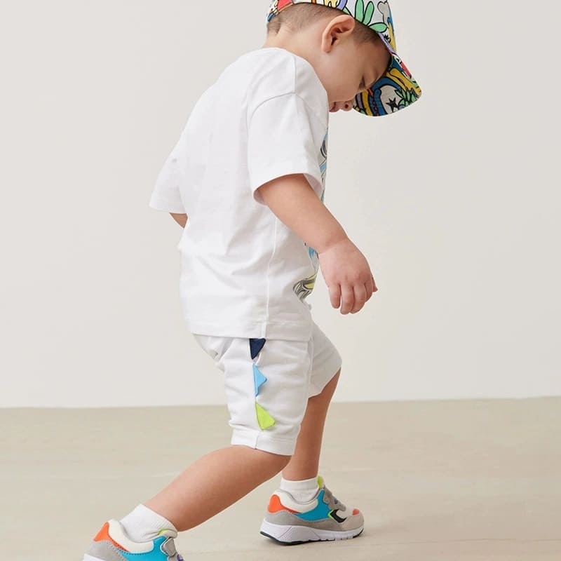  2-piece Kid Boys Dinosaur Print Cotton Short Sleeve Tee and Shorts Set