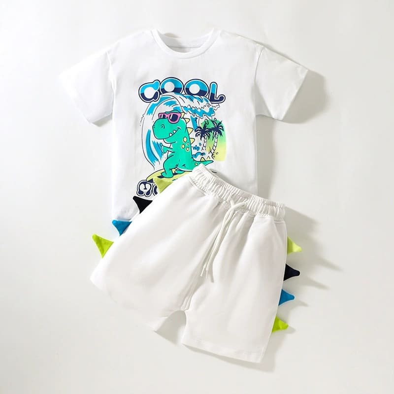 2-piece Kid Boys Dinosaur Print Cotton Short Sleeve Tee and Shorts Set