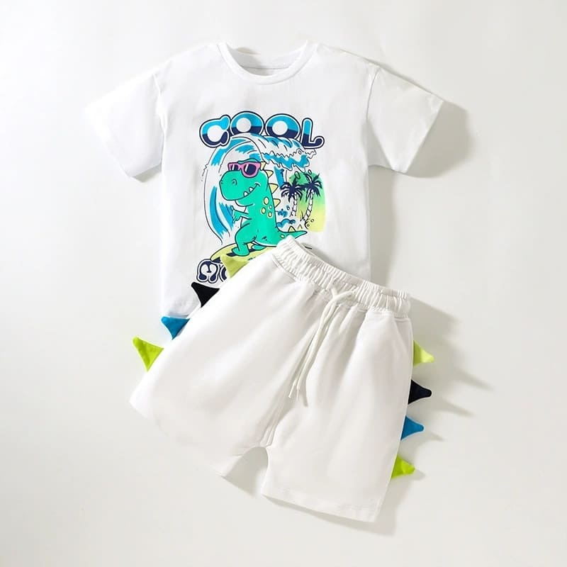 2-piece Kid Boys Dinosaur Print Cotton Short Sleeve Tee and Shorts Set