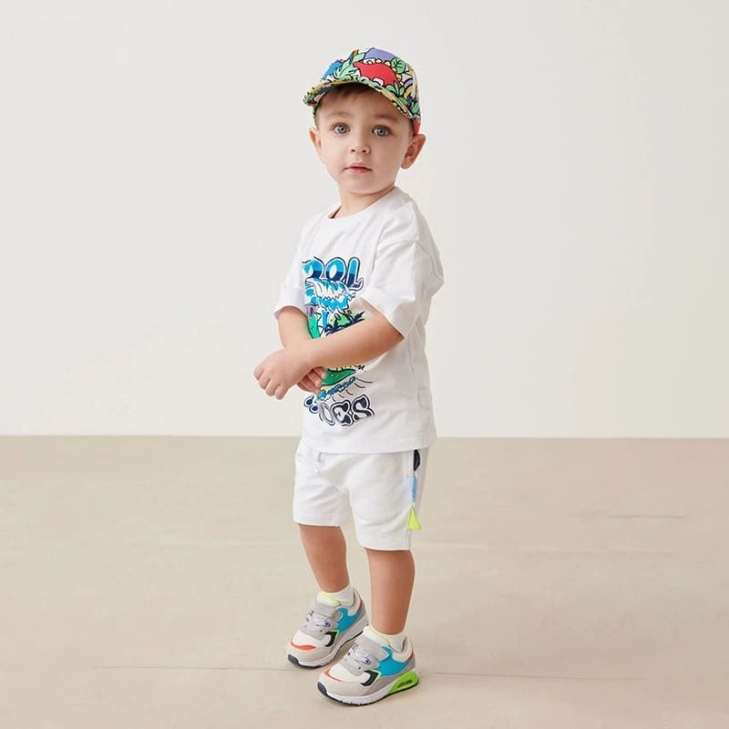  2-piece Kid Boys Dinosaur Print Cotton Short Sleeve Tee and Shorts Set