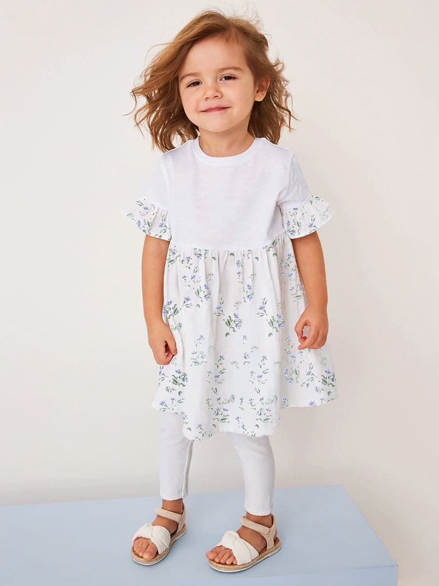 2-piece Kid Girl Floral Print Cotton Short Sleeve Dress & Leggings Set