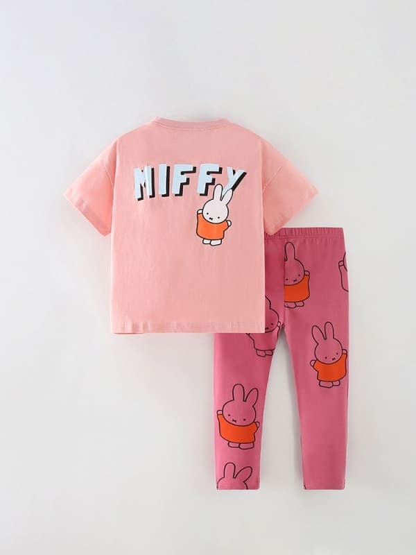 2-piece Kid Girls Bunny and Lettering Print Cotton Tee & Pants Set