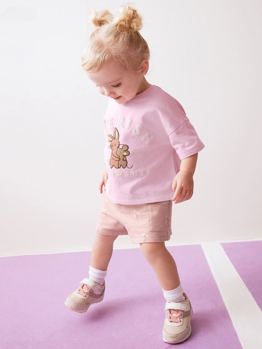 2-piece Kid Girls Cotton Cute Mouse Print Tee and Shorts Set