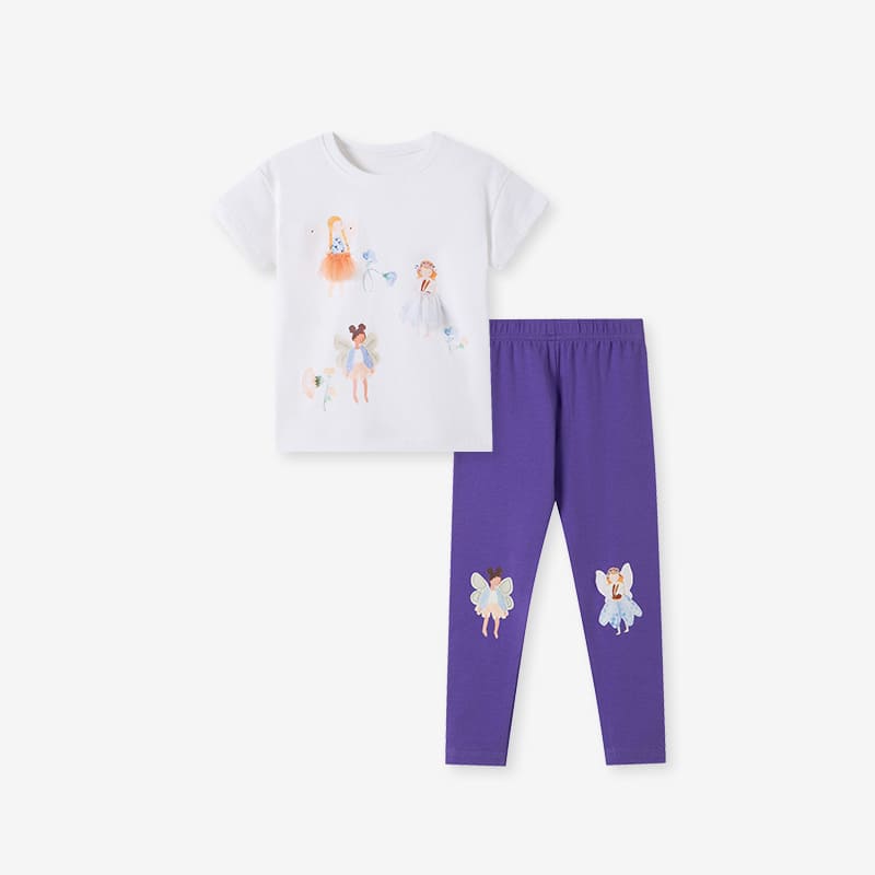 2-piece Kid Girls Cotton T-shirt and Pants Set With Character Print