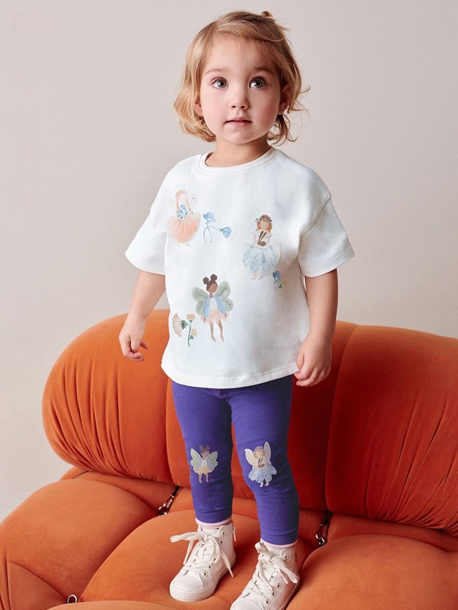 2-piece Kid Girls Cotton T-shirt and Pants Set With Character Print