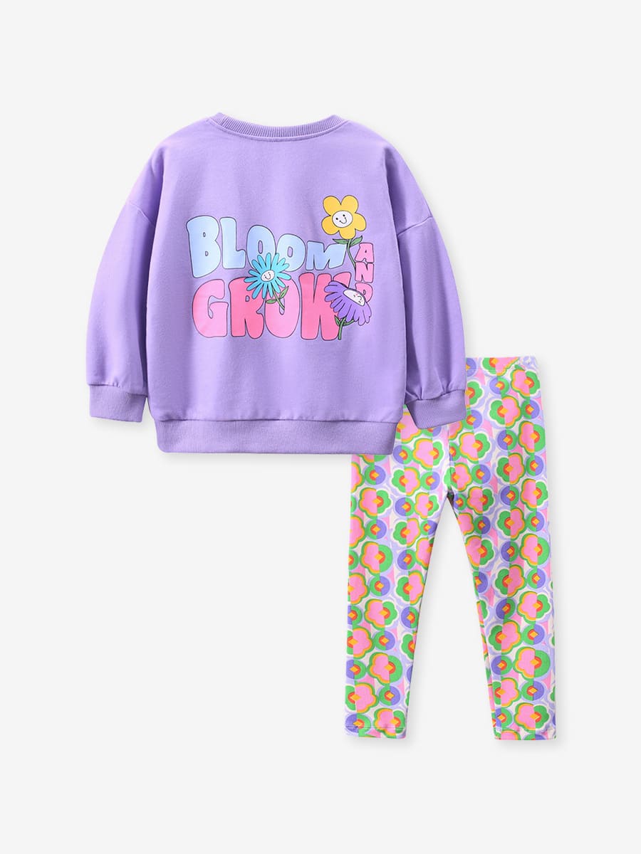 2-piece Kid Girls Floral Lettering Sweatshirt and Pants Set