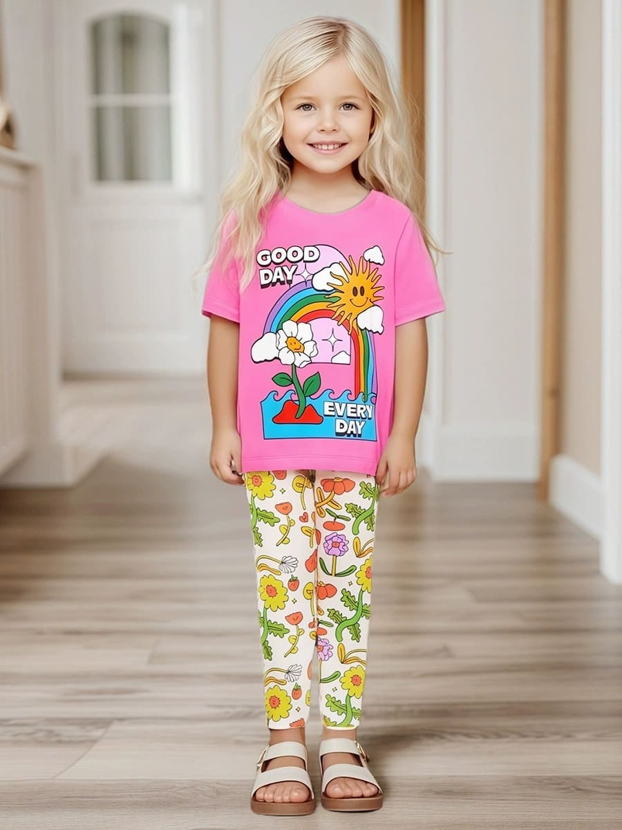 2-piece Kid Girls Rainbow Floral Print Cotton Tee and Pants Set
