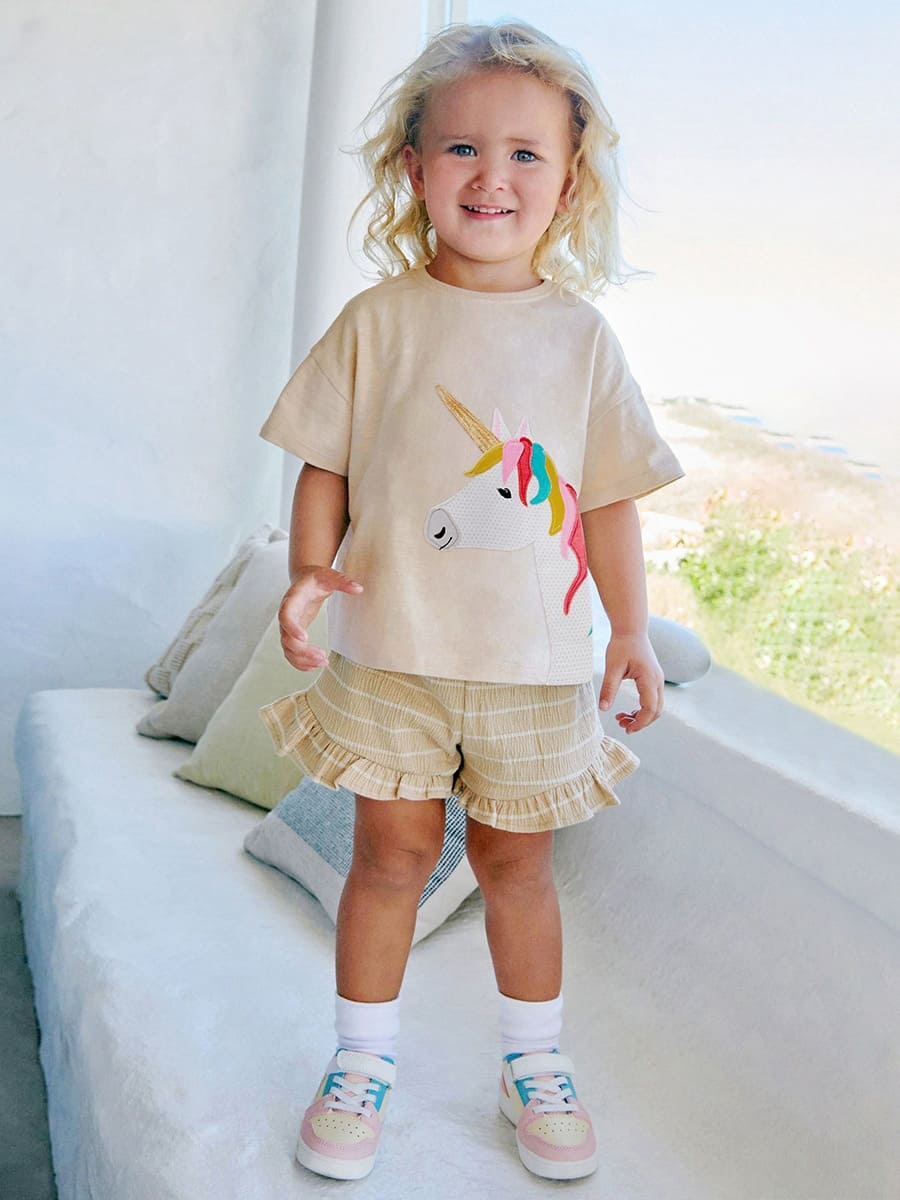 2-piece Kid Girls Unicorn Applique Cotton Tee and Shorts Set