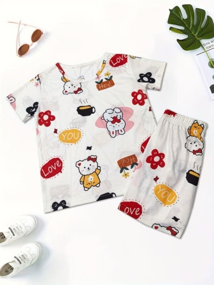 2-piece Kids cartoon animal and letter print cotton Tee & shorts set