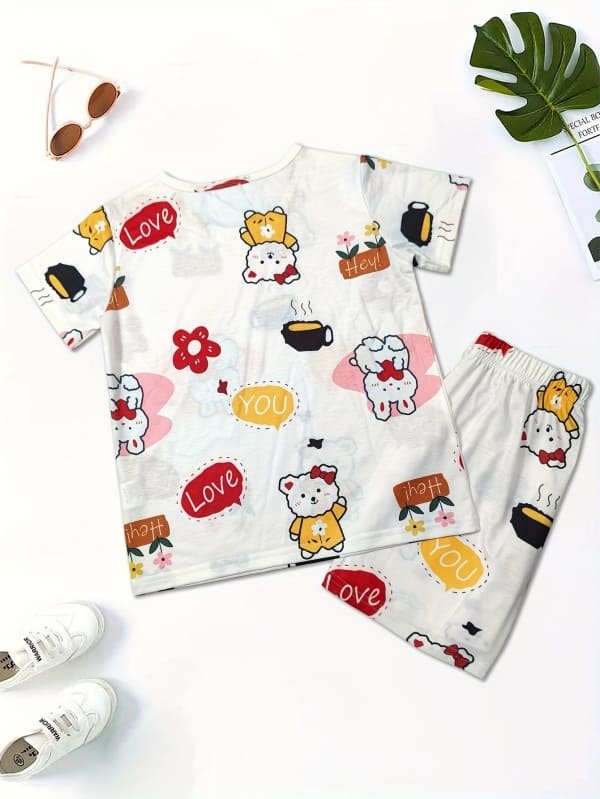 2-piece Kids cartoon animal and letter print cotton Tee & shorts set