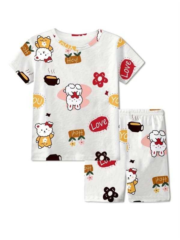 Lit2-piece Kids cartoon animal and letter print cotton Tee and shorts