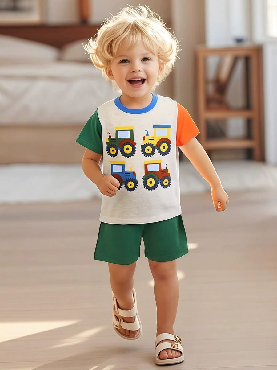 2-Piece Boys Cartoon Car Print Colorblock Cotton Tee & Shorts Set
