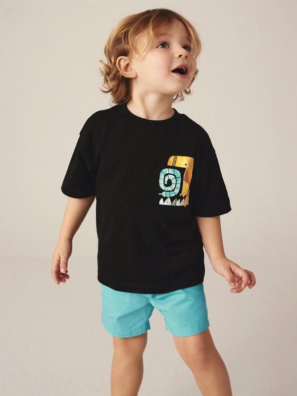Little Maven 2pcs Boys Black Dinosaur Print Short-sleeve Tee and Blue Shorts Set