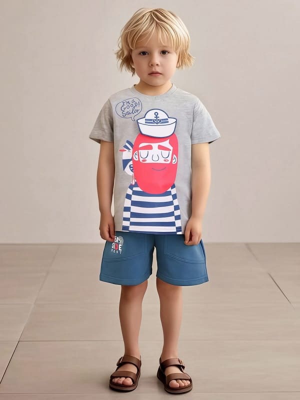 2pcs Boys Sailor Character Print Tee and Elastic Waist Shorts Set