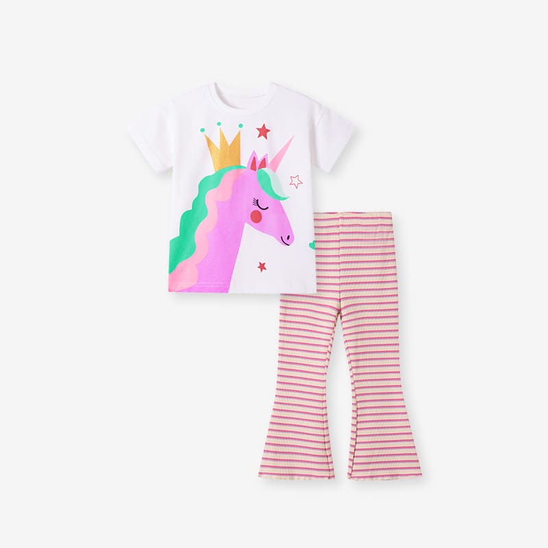 Little Maven 2pcs Girls Cotton Short Sleeve Tee with Unicorn Pattern and Pants Set