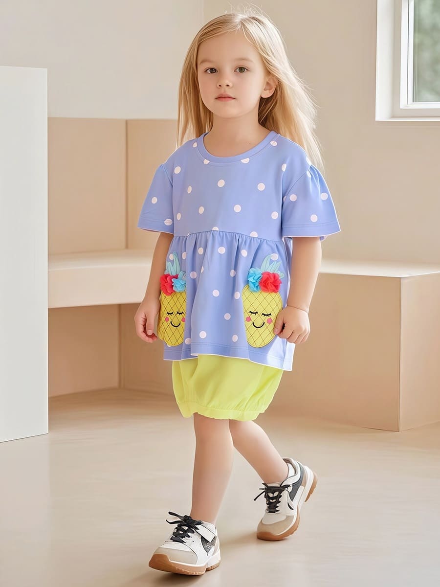 2pcs Girls Cute Carrot Embroidery Polka Dot Print Tee and Shorts Set
