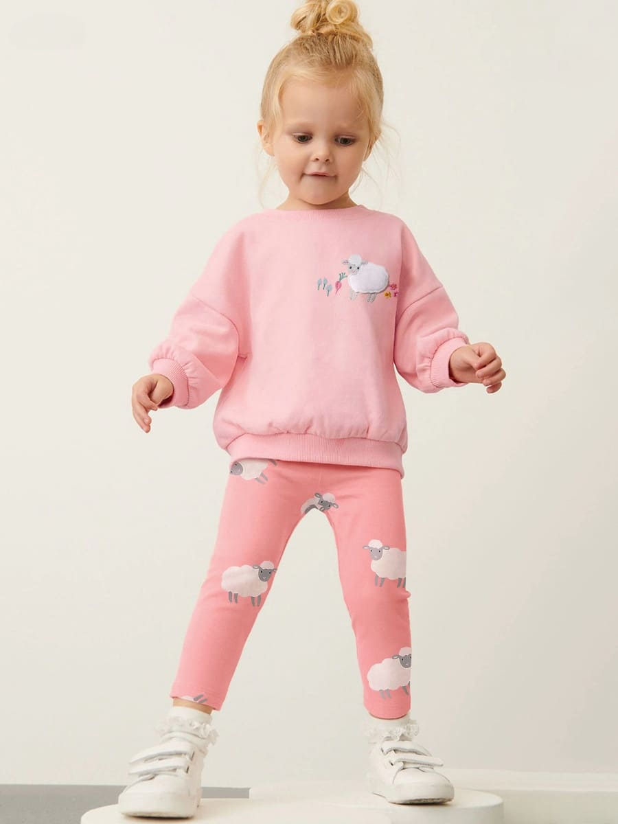 2pcs Girls Cotton Sweatshirt and Pants Set with Cartoon Lamb Pattern