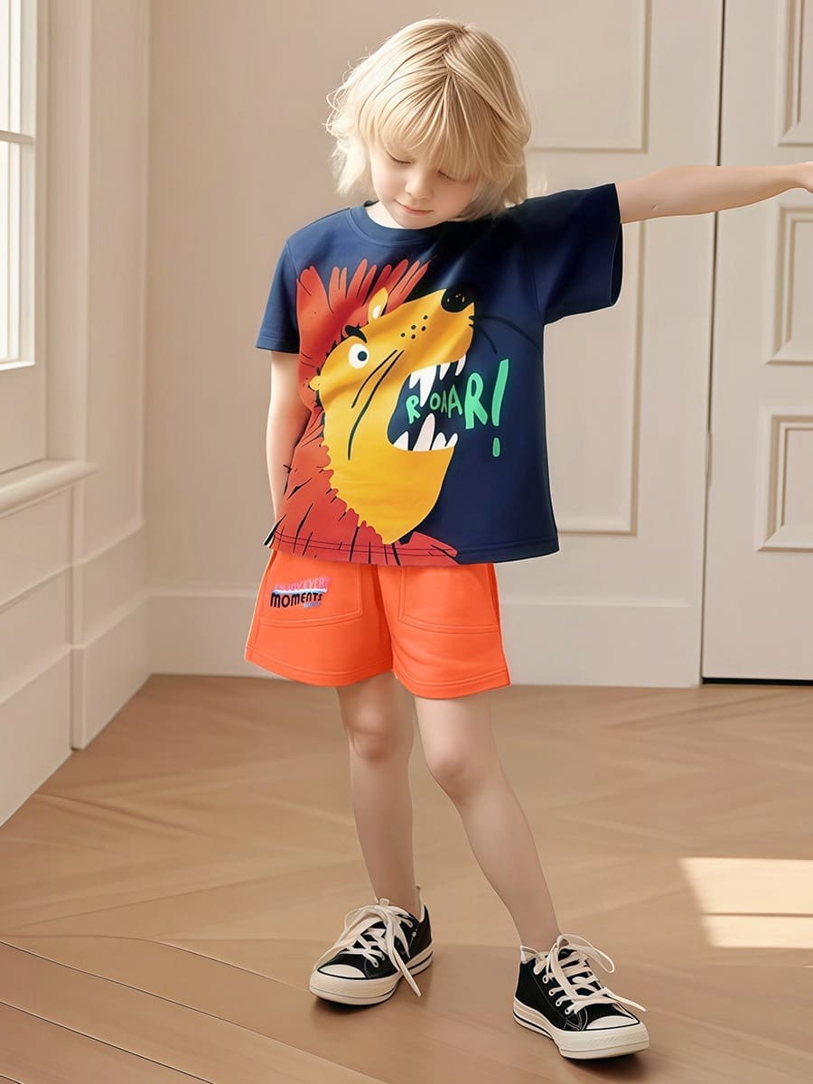 Little Maven 2pcs Kid Boy Cartoon Lion Pattern short-sleeve Tee and Shorts Set