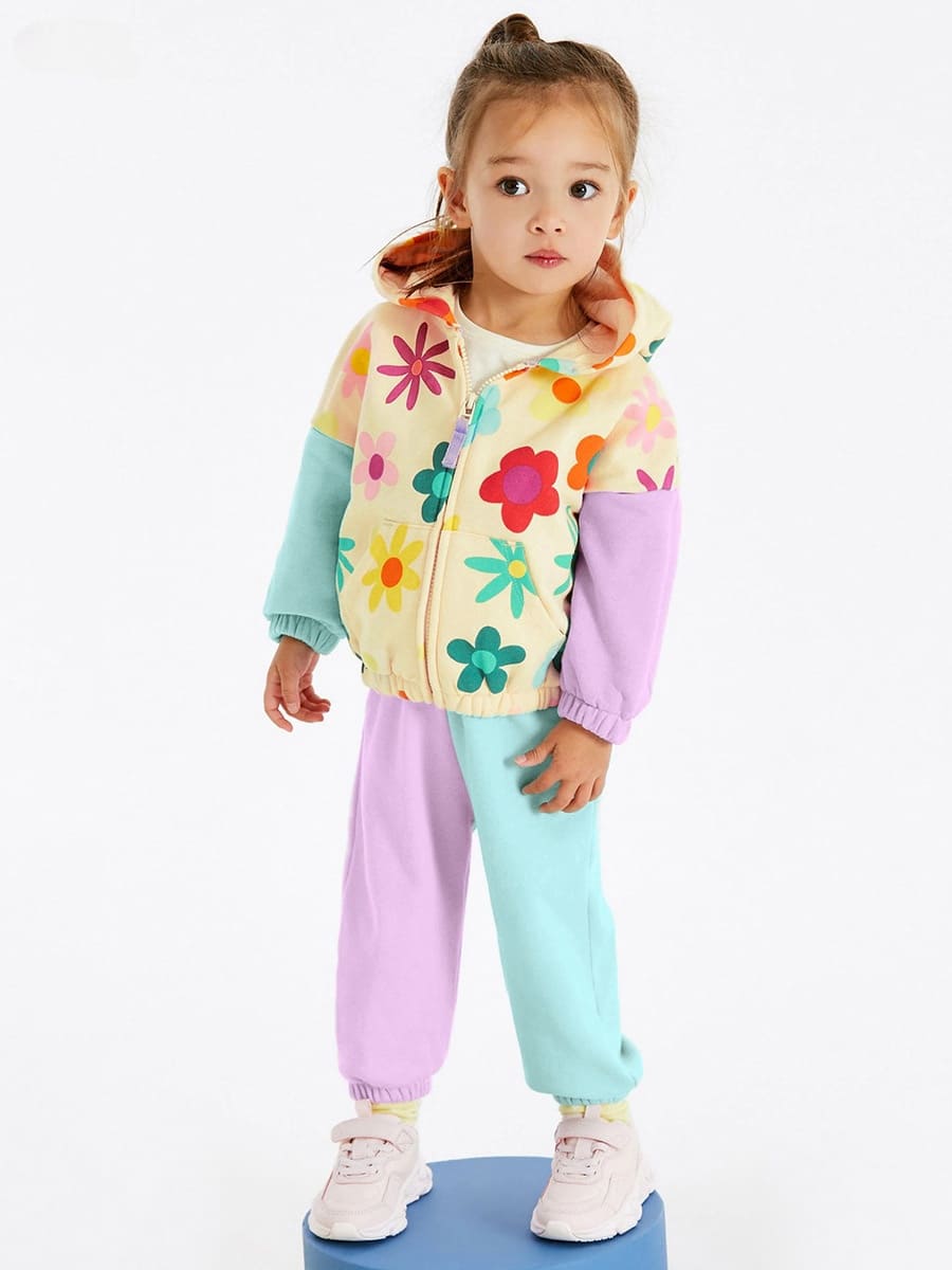 Little Maven 2pcs Kid Girl Colorful Floral Print Jacket and Colorblock Pants Set