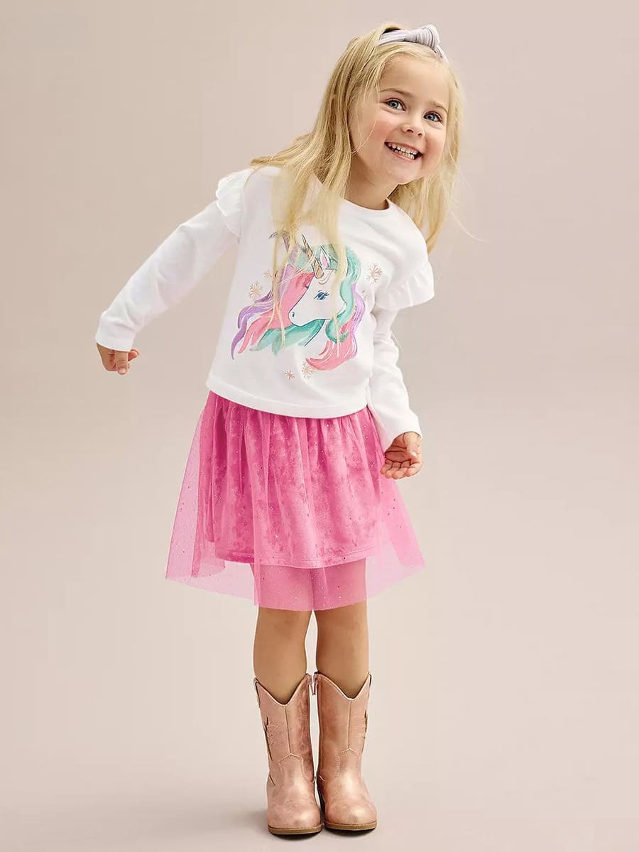Little Maven 2pcs Kid Girl Unicorn Print Tee and Sequined Fleece Skirt Set