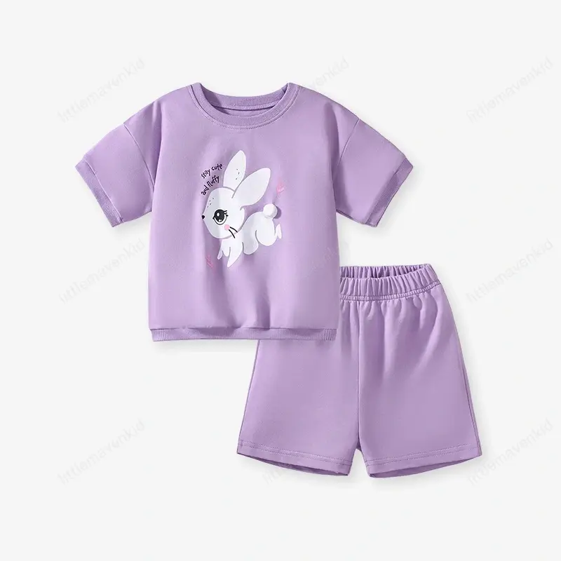 Little Maven Girls Cute Bunny Print Short-sleeved Set