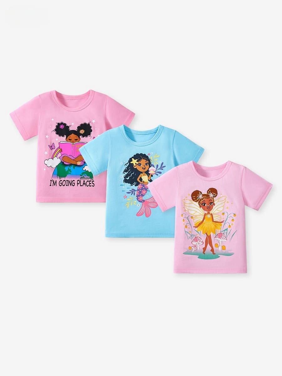 3-Pack Girls Summer Cotton Character Print T-Shirts