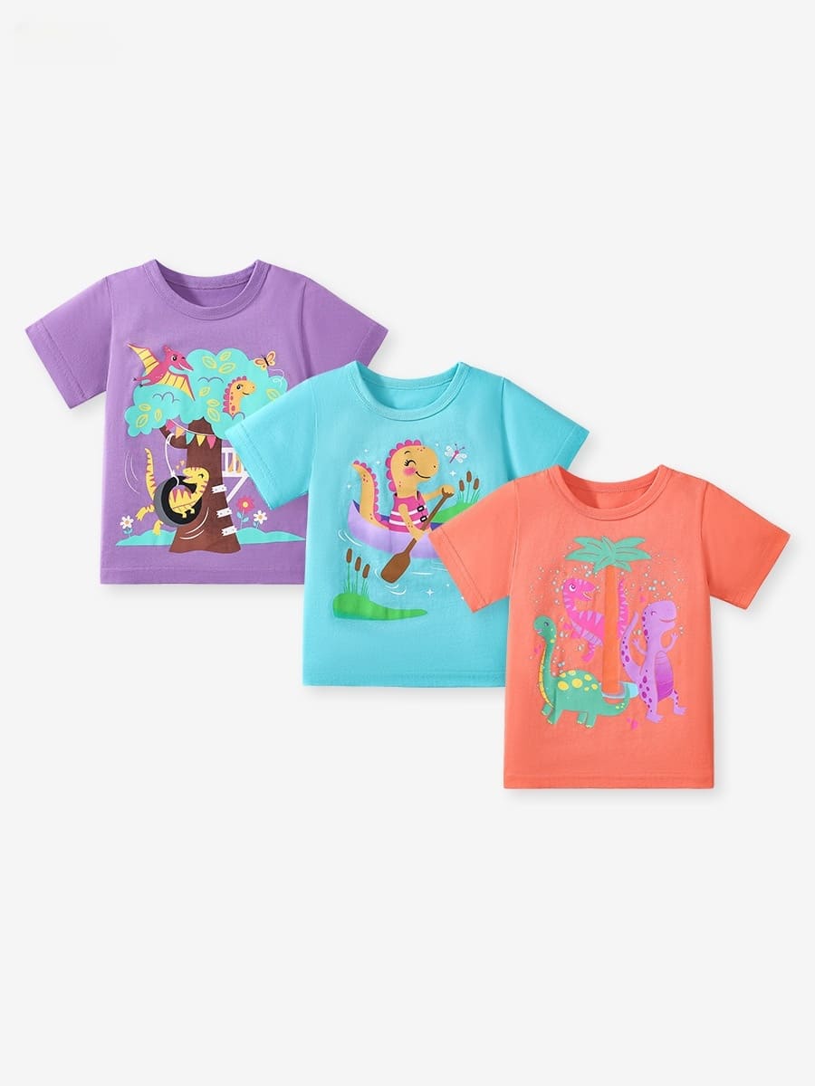 3-piece set of girls cute dinosaur print cotton short-sleeved Tee