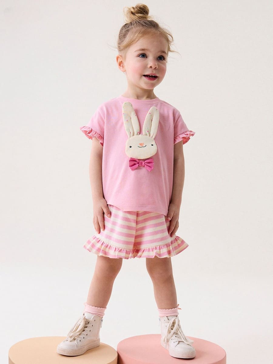 Adorable 2-Piece Kid Girls 3D Bunny Style Cotton T-Shirt & Shorts Set