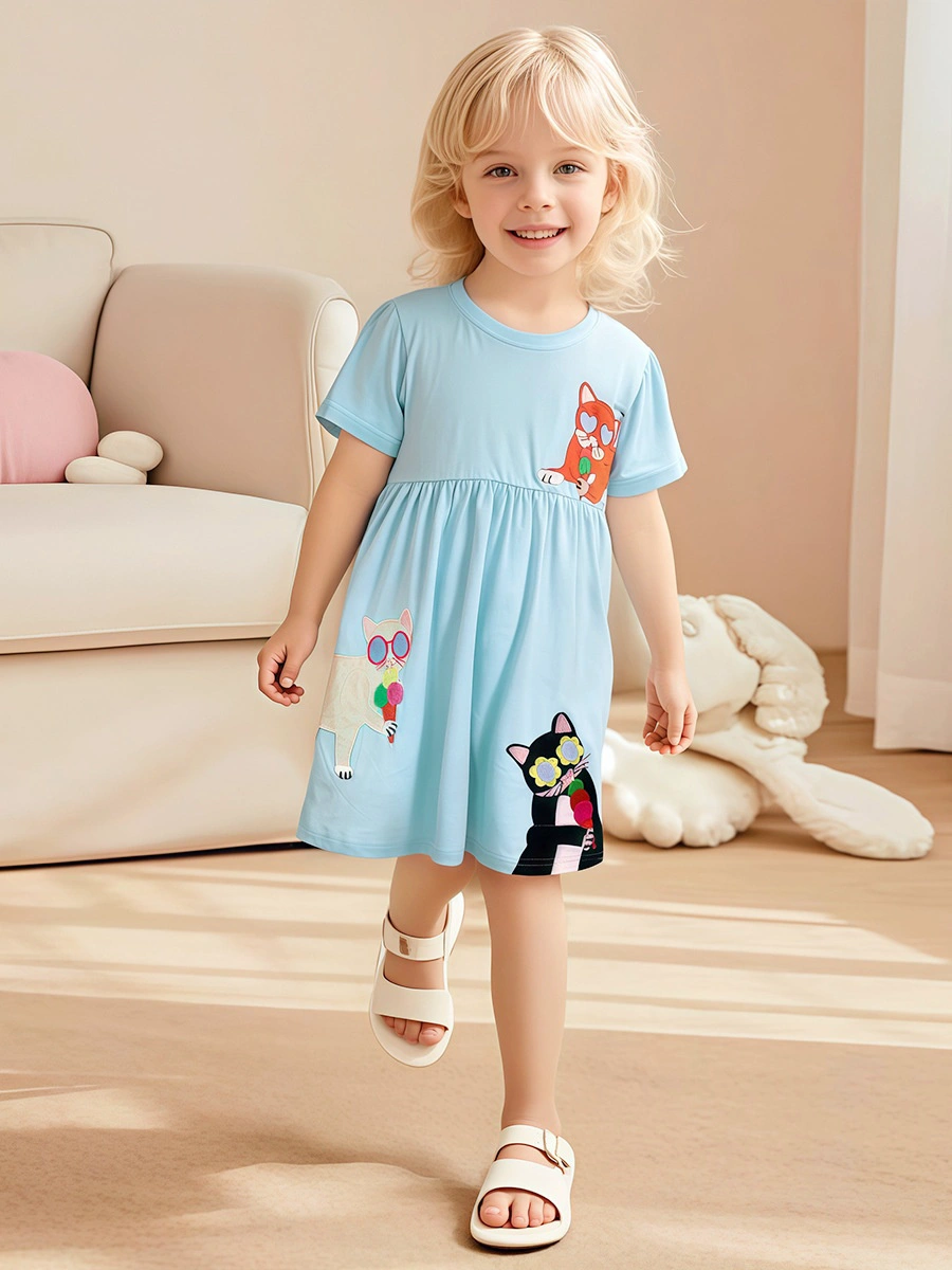 Little Maven Cute cartoon cat embroidered dress for girls