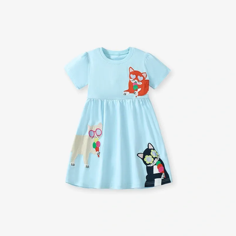 Adorable Cartoon Cat Embroidered Dress for Girls Aged 2-11