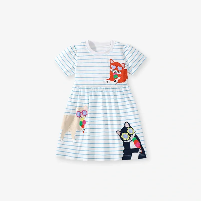 Adorable Cartoon Cat Embroidered Dress for Girls Aged 2-11