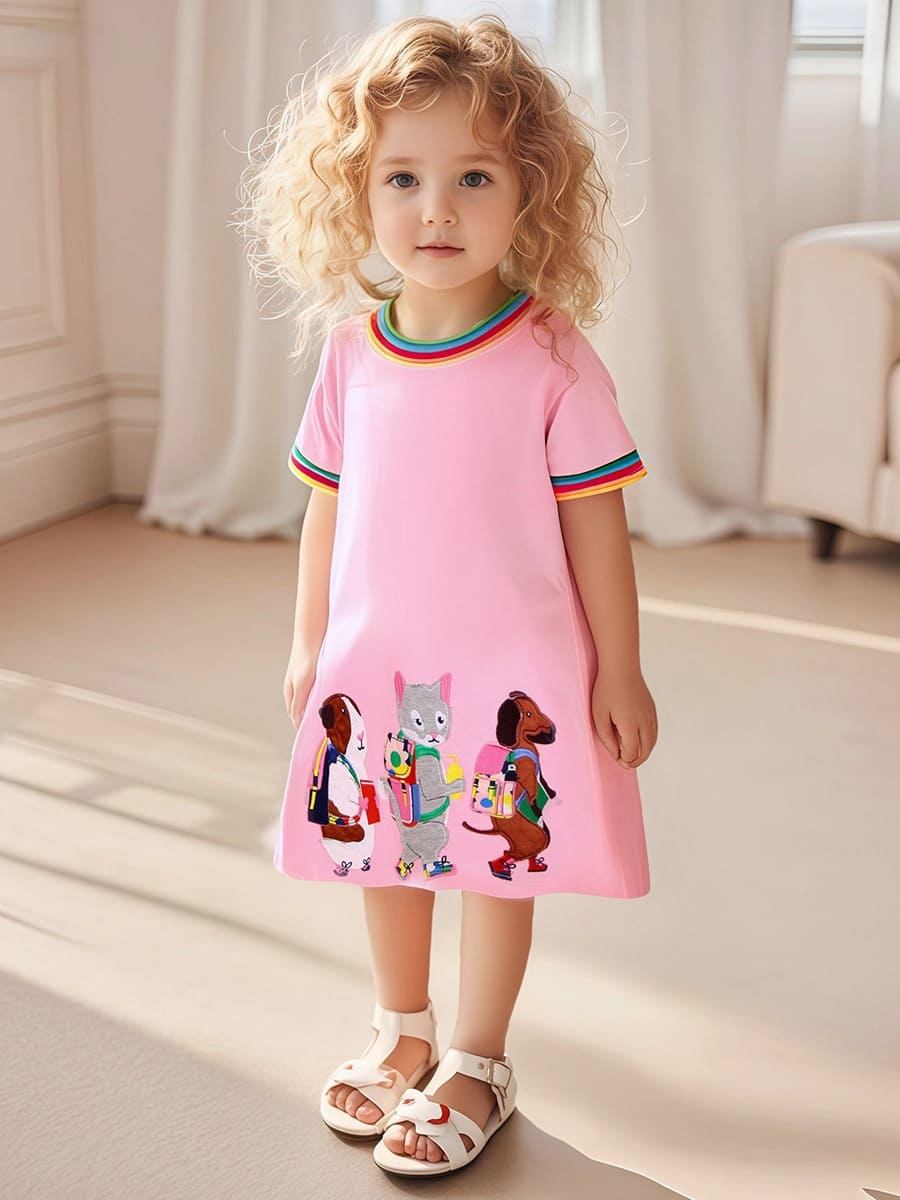 Little Maven Adorable Striped Cotton Dress with Playful Animal Embroidery for Girls