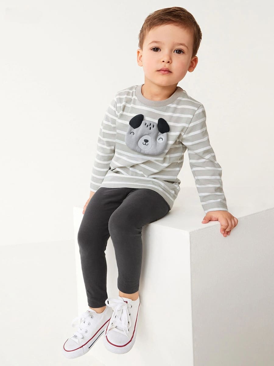 Boys 2pcs 3D Bear Embroidered Striped Cotton Sweatshirt and Pants Set