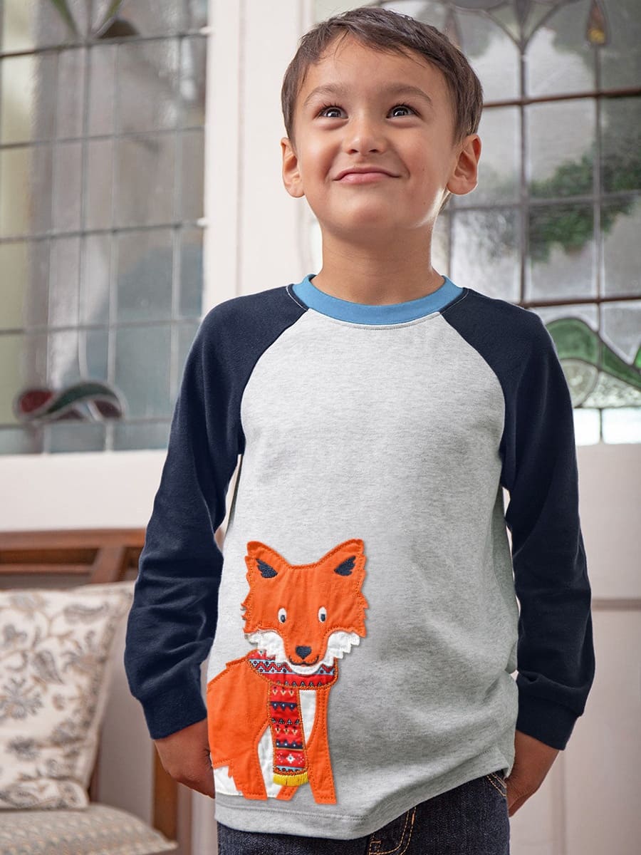 Boys Colorblock Cotton Long Sleeve Tee with Fox Applique Embroidery 