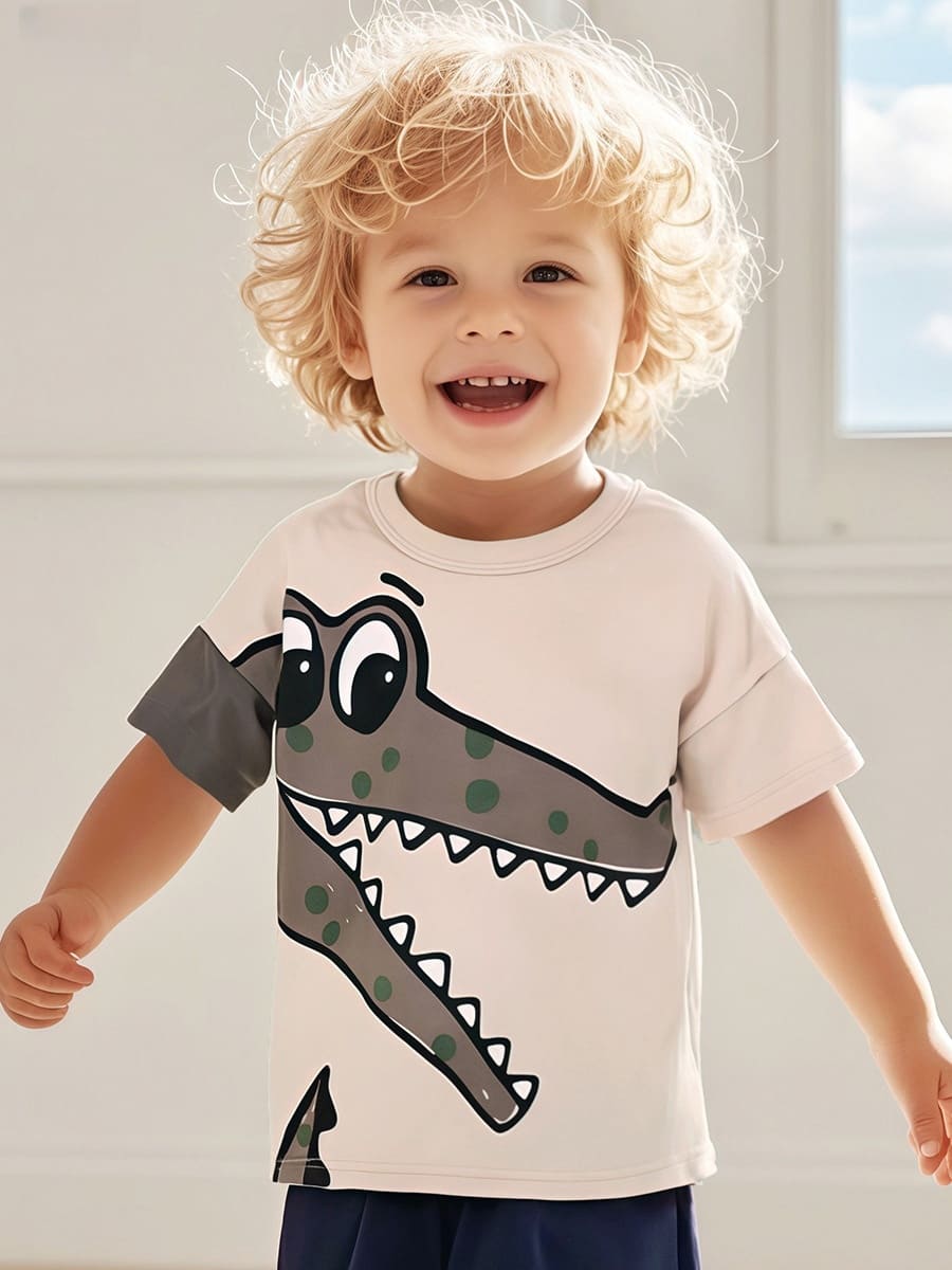 Little maven Boy wearing cartoon crocodile head print cotton short-sleeve tee