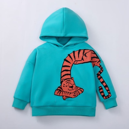 Kid Boys Tiger Print Warm Fleece Long Sleeve Hooded Sweatshirt